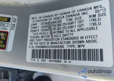 2013 Honda Cr-V Ex z USA, uszkodzony, nr VIN 2HKRM4H57DH644266